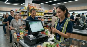 kasir retail menggunakan barcode scanner dengan sistem POS modern