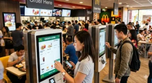 pelanggan menggunakan kiosk self service untuk memesan makanan