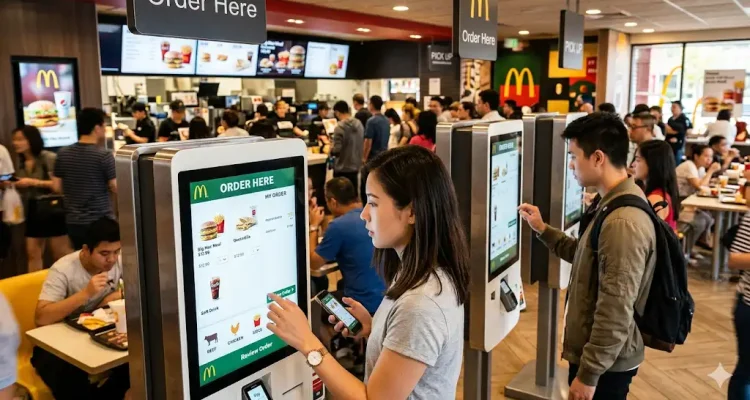 pelanggan menggunakan kiosk self service untuk memesan makanan